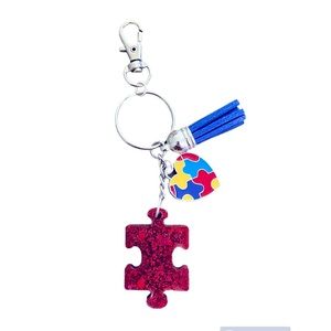 NEW Handmade Autism Awareness  Keychain/Bagcharm with Glittery Red Puzzle Ch…